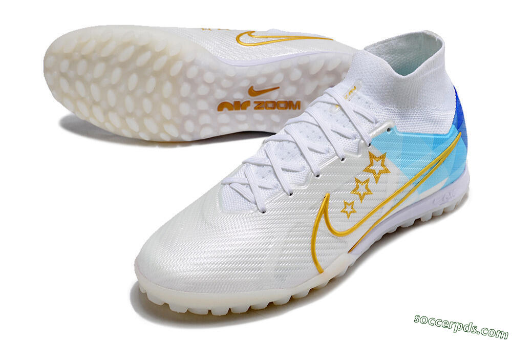 Nike Air Zoom Mercurial Superfly 9 Elite TF High-Tops Football Shoes - White/Gold/Blue 3