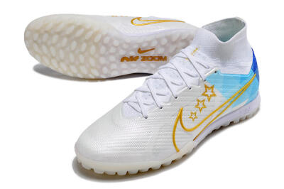Nike Air Zoom Mercurial Superfly 9 Elite TF High-Tops Football Shoes - White/Gold/Blue