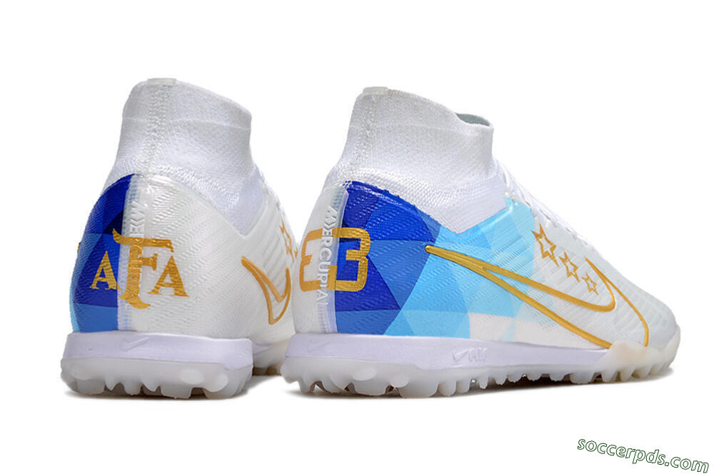 Nike Air Zoom Mercurial Superfly 9 Elite TF High-Tops Football Shoes - White/Gold/Blue 6