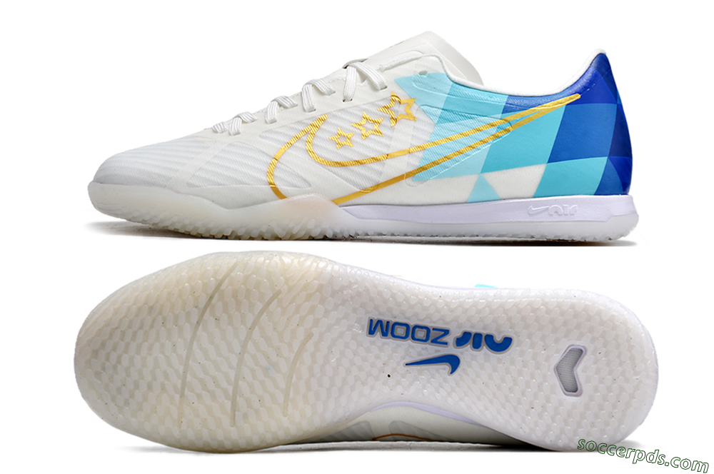 Nike Air Zoom Mercurial Vapor 15 Academy IC Low-Tops Football Shoes - White/Gold/Jade/Blue 0