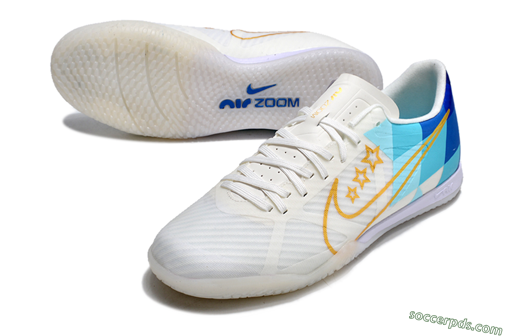 Nike Air Zoom Mercurial Vapor 15 Academy IC Low-Tops Football Shoes - White/Gold/Jade/Blue 3