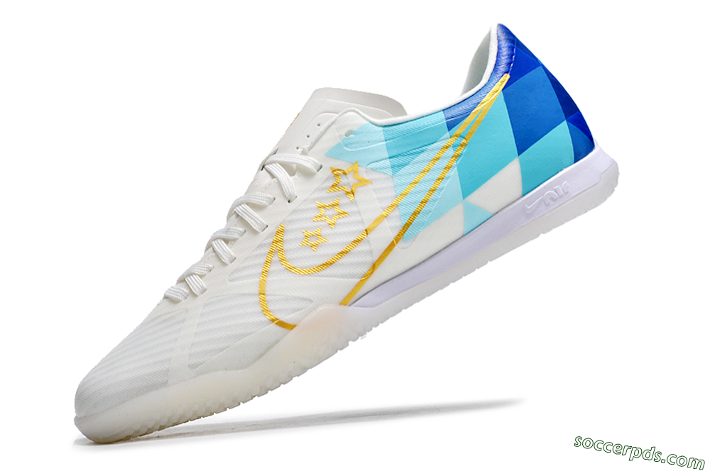 Nike Air Zoom Mercurial Vapor 15 Academy IC Low-Tops Football Shoes - White/Gold/Jade/Blue 5