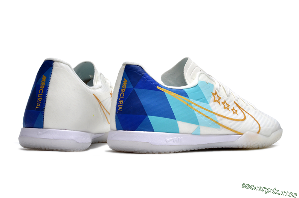 Nike Air Zoom Mercurial Vapor 15 Academy IC Low-Tops Football Shoes - White/Gold/Jade/Blue 6