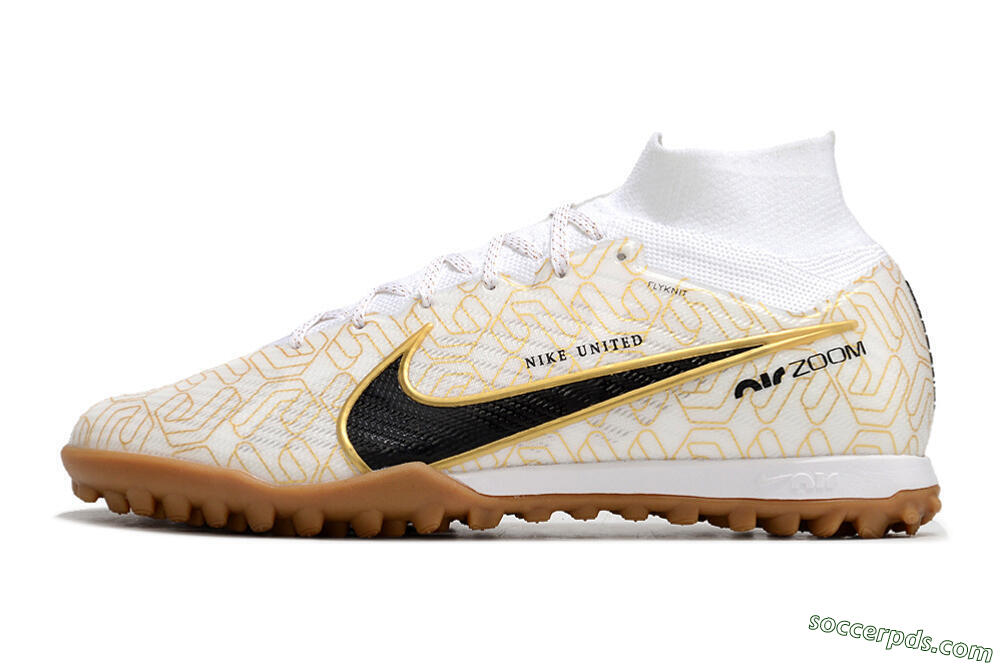 Nike Air Zoom Mercurial Superfly 9 Elite TF High-Tops Football Shoes - White/Black/Gold 2