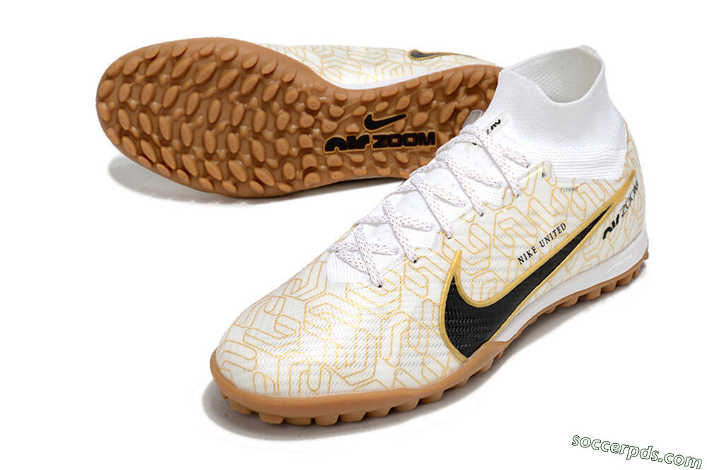 Nike Air Zoom Mercurial Superfly 9 Elite TF High-Tops Football Shoes - White/Black/Gold 3