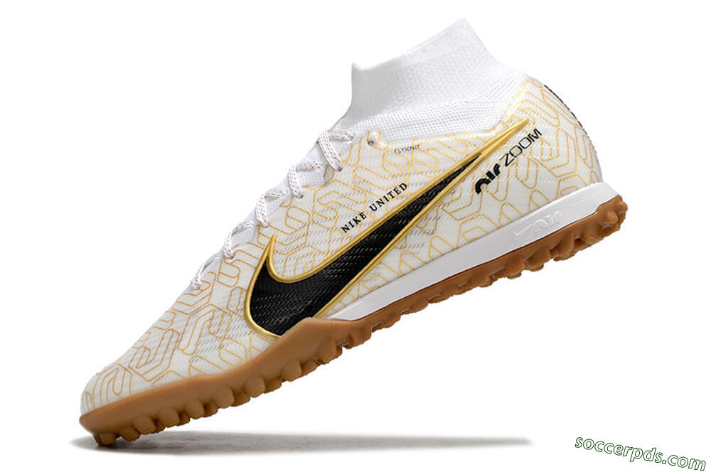 Nike Air Zoom Mercurial Superfly 9 Elite TF High-Tops Football Shoes - White/Black/Gold 5