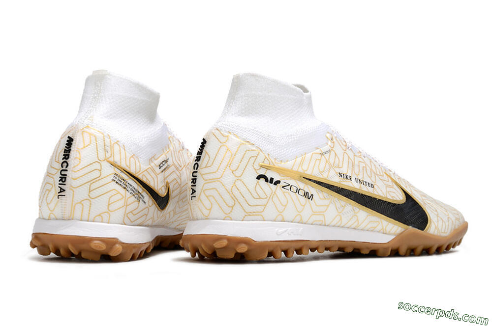 Nike Air Zoom Mercurial Superfly 9 Elite TF High-Tops Football Shoes - White/Black/Gold 6