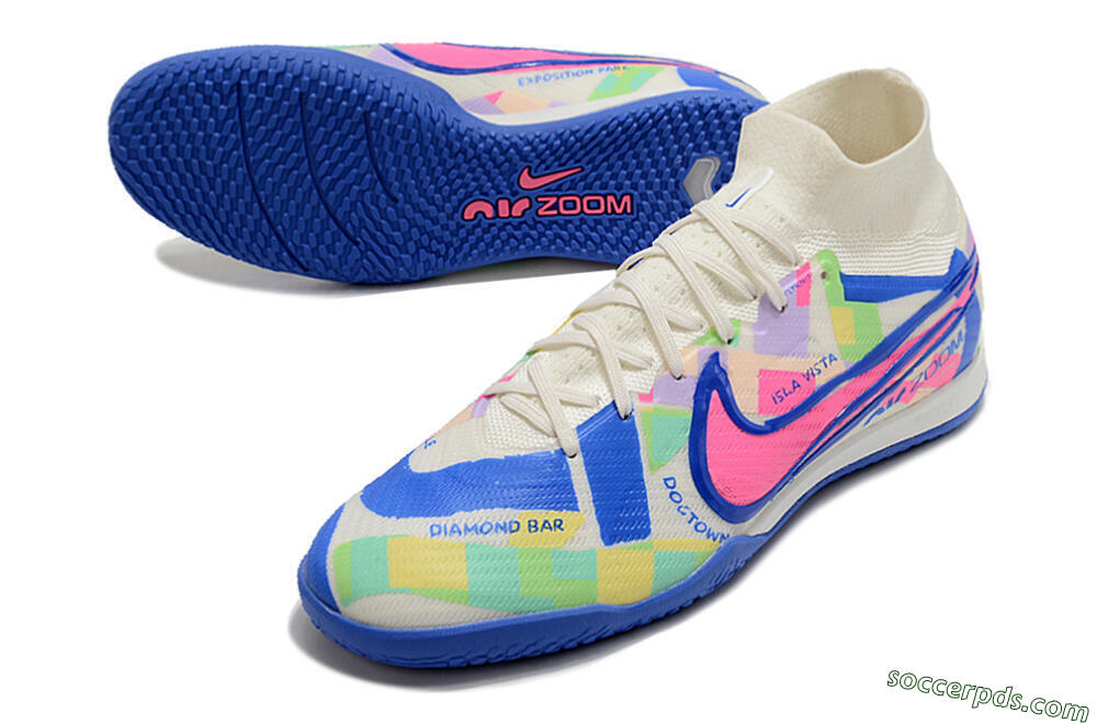 Nike Air Zoom Mercurial Superfly 9 Elite IC High-Tops Football Shoes - White/Blue/Pink/Yellow 3