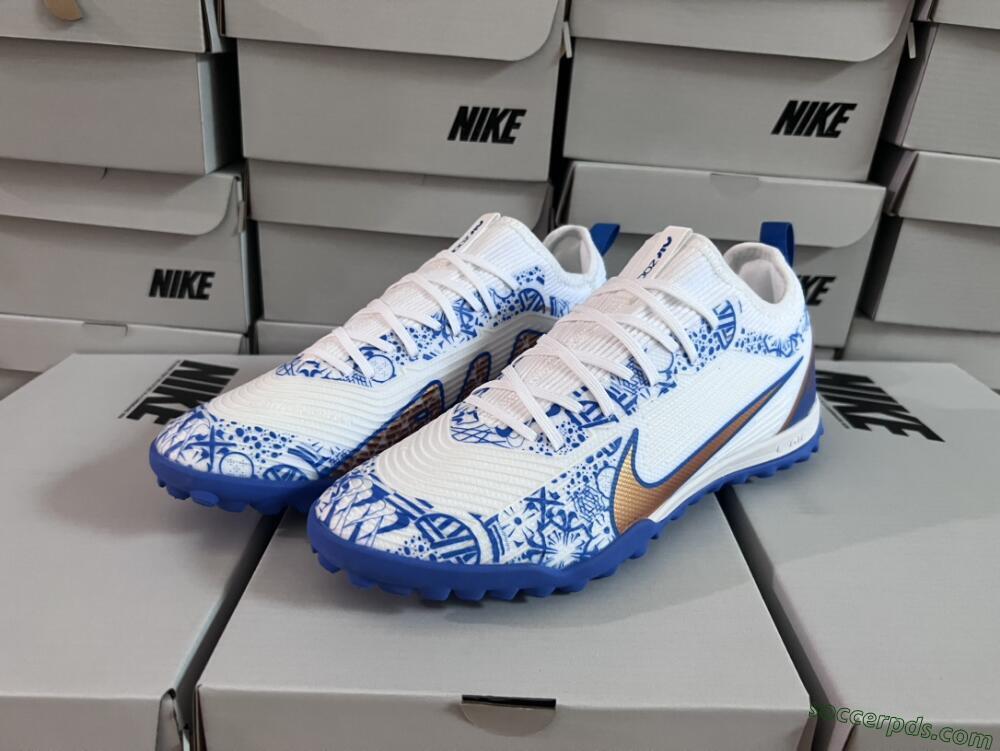 Nike Air Zoom Mercurial Vapor 15 Pro TF Low-Tops Football Shoes - White/Blue/Gold