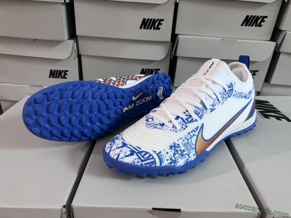 Nike Air Zoom Mercurial Vapor 15 Pro TF Low-Tops Football Shoes - White/Blue/Gold