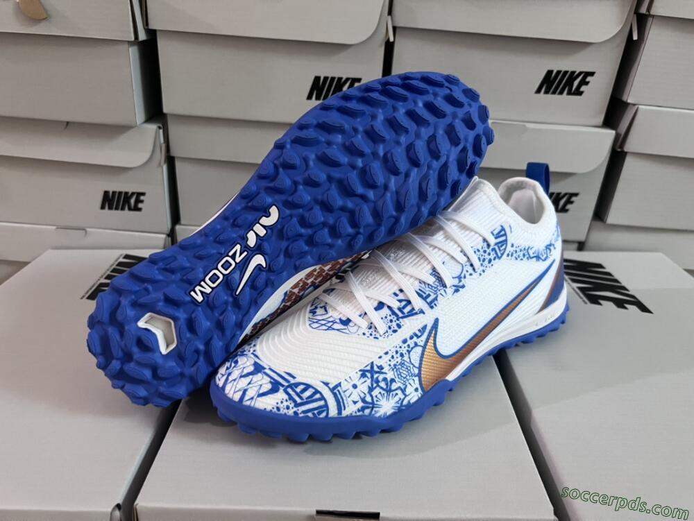 Nike Air Zoom Mercurial Vapor 15 Pro TF Low-Tops Football Shoes - White/Blue/Gold