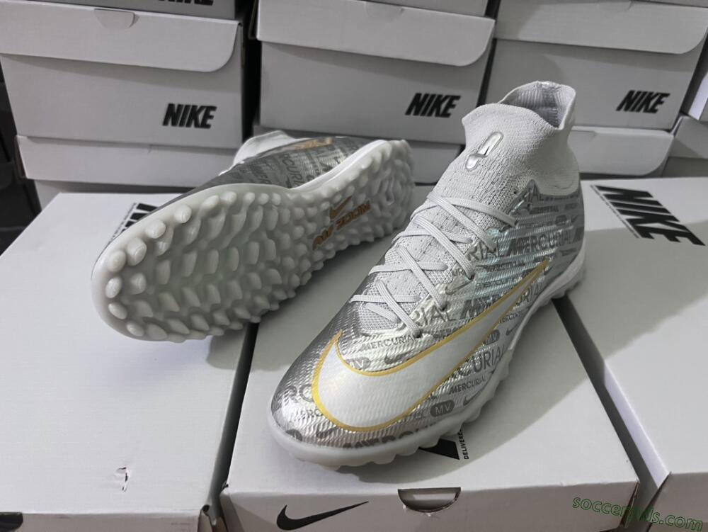Nike Air Zoom Mercurial Superfly 9 Elite TF High-Tops Football Shoes - Silver/Gold