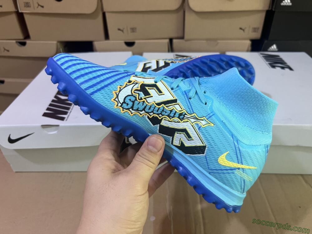 Kylian Mbappe x Nike Air Zoom Mercurial Superfly 9 Elite TF High-Tops Football Shoes - Blue/Yellow/Black