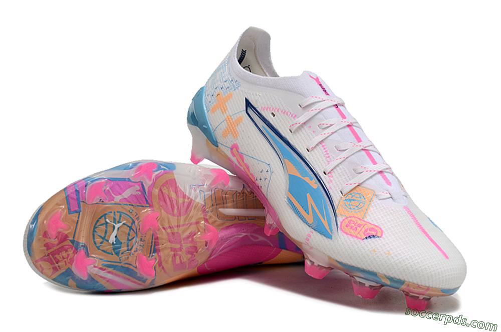 Puma Ultra 5 Ultimate FG Low-Tops Football Boots - White/Pink/Yellow/Blue 3