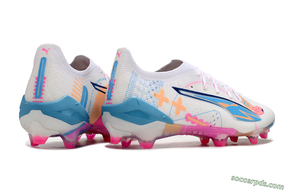 Puma Ultra 5 Ultimate FG Low-Tops Football Boots - White/Pink/Yellow/Blue 6