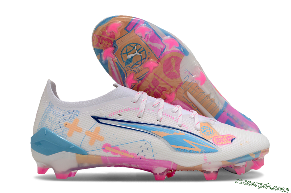 Puma Ultra 5 Ultimate FG Low-Tops Football Boots - White/Pink/Yellow/Blue 1
