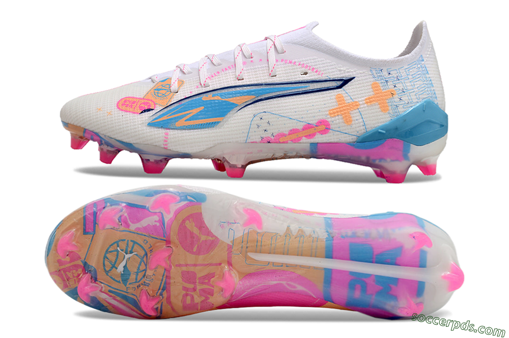 Puma Ultra 5 Ultimate FG Low-Tops Football Boots - White/Pink/Yellow/Blue 0