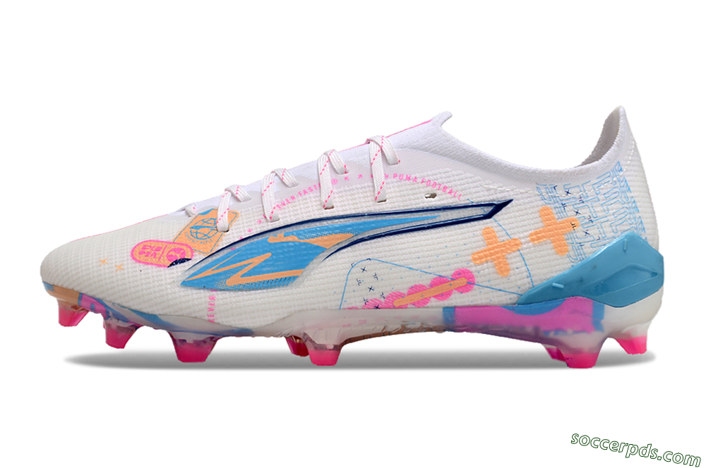 Puma Ultra 5 Ultimate FG Low-Tops Football Boots - White/Pink/Yellow/Blue 2