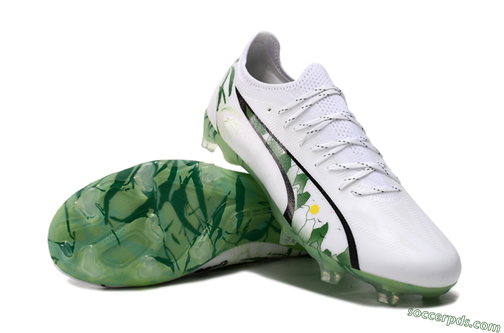 Puma Ultra Ultimate FG Low-Tops Football Boots - White/Black/Green 2