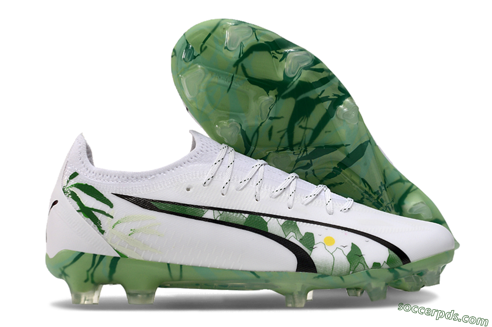 Puma Ultra Ultimate FG Low-Tops Football Boots - White/Black/Green 1
