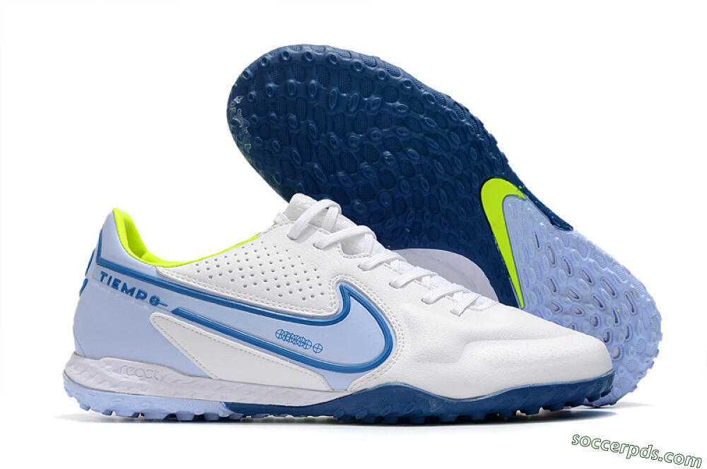 Nike React Tiempo Legend 9 Pro TF Low-Tops Football Shoes - White/Blue/Yellow 1
