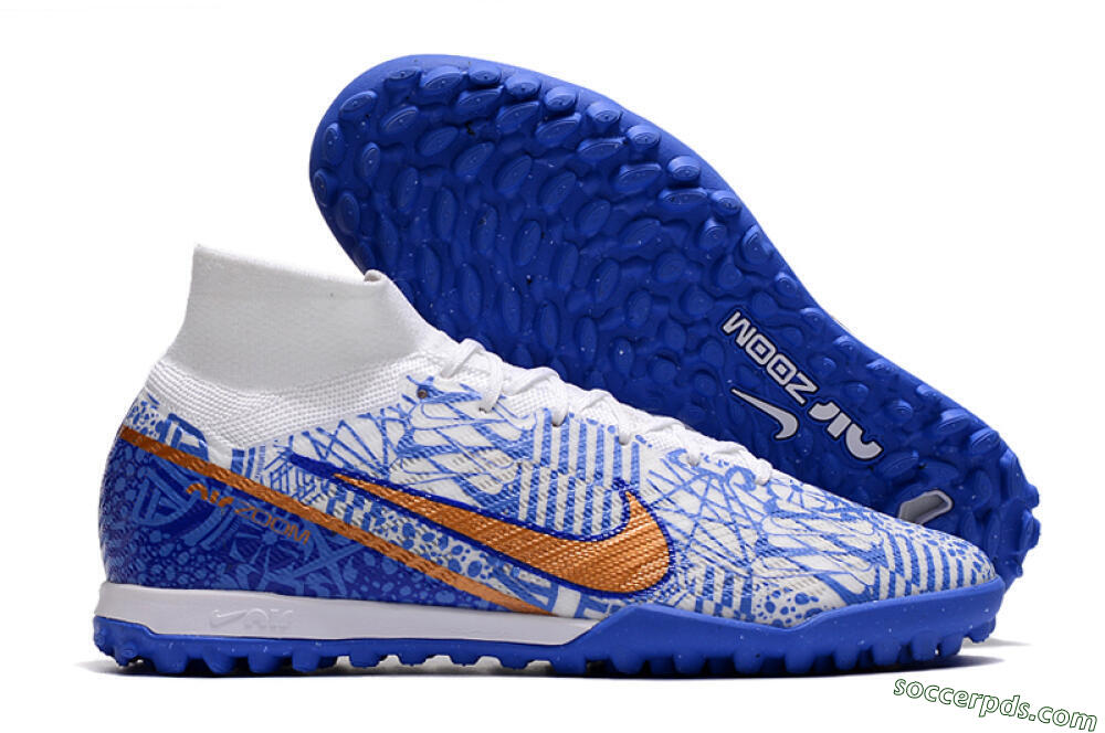 Nike Air Zoom Mercurial Superfly 9 Elite TF High-Tops Football Shoes - Blue/White/Gold 1