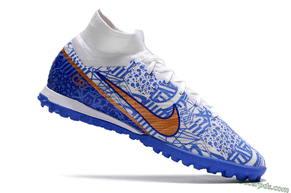 Nike Air Zoom Mercurial Superfly 9 Elite TF High-Tops Football Shoes - Blue/White/Gold 4