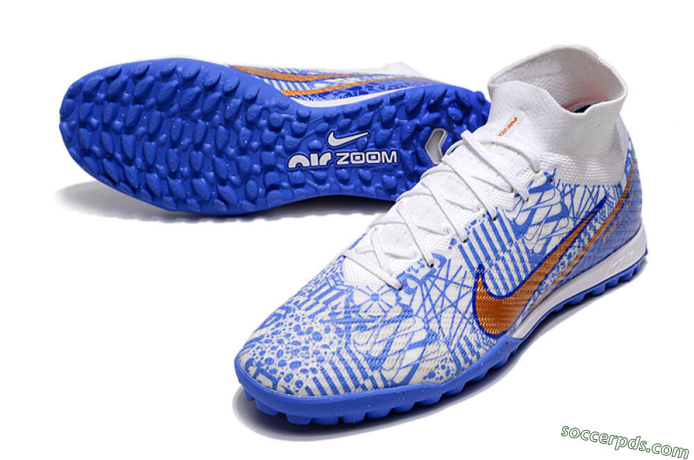 Nike Air Zoom Mercurial Superfly 9 Elite TF High-Tops Football Shoes - Blue/White/Gold 3