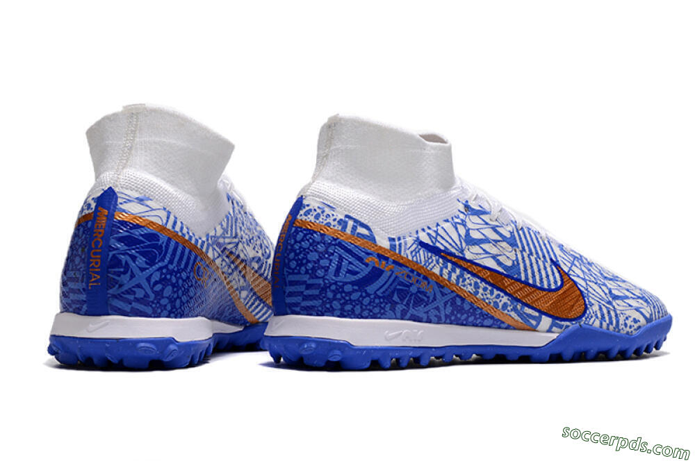 Nike Air Zoom Mercurial Superfly 9 Elite TF High-Tops Football Shoes - Blue/White/Gold 6