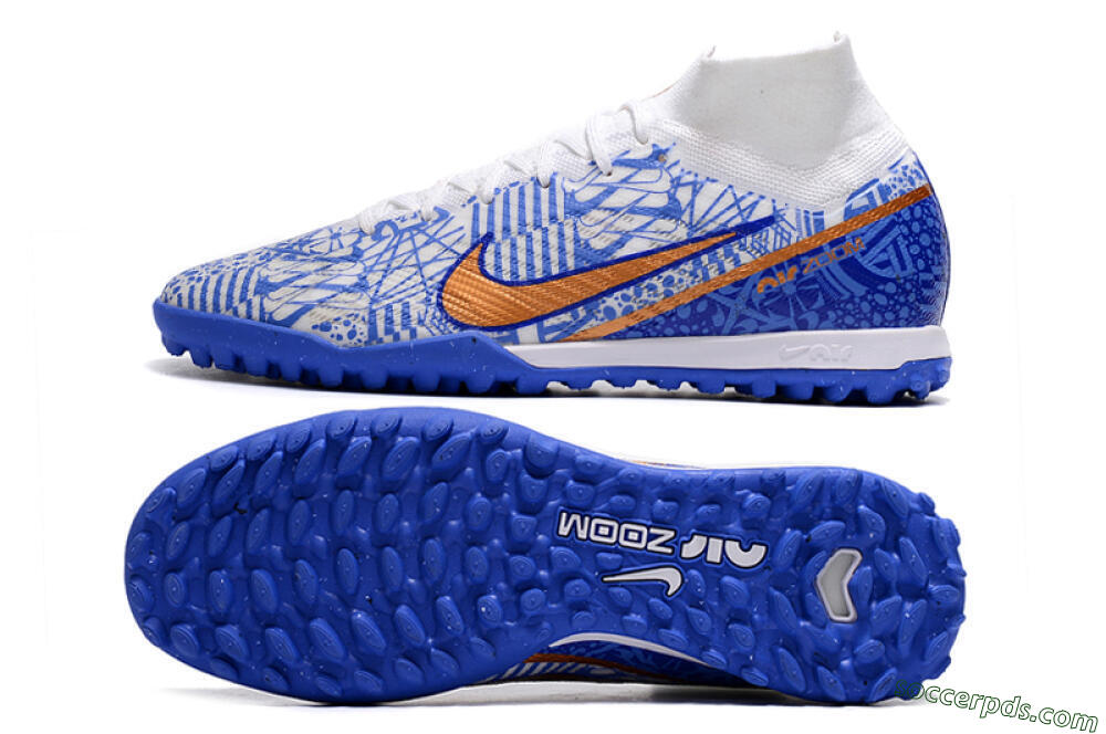 Nike Air Zoom Mercurial Superfly 9 Elite TF High-Tops Football Shoes - Blue/White/Gold 0