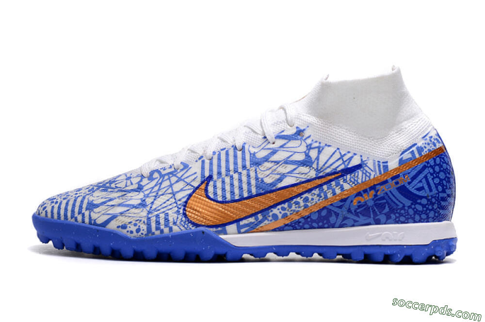 Nike Air Zoom Mercurial Superfly 9 Elite TF High-Tops Football Shoes - Blue/White/Gold 2