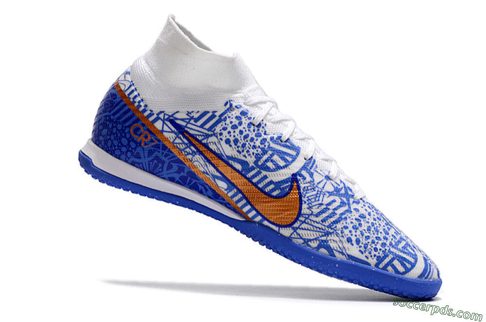 Nike Air Zoom Mercurial Superfly 9 Elite IC High-Tops Football Shoes - White/Blue/Gold 4