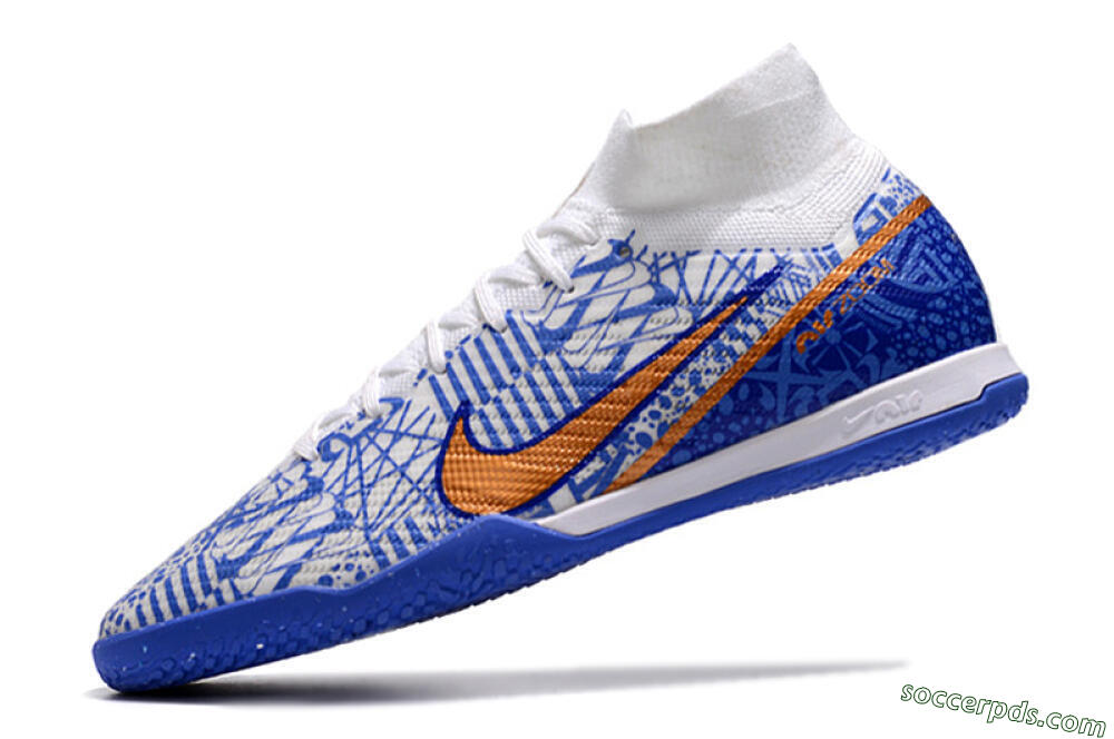 Nike Air Zoom Mercurial Superfly 9 Elite IC High-Tops Football Shoes - White/Blue/Gold 5