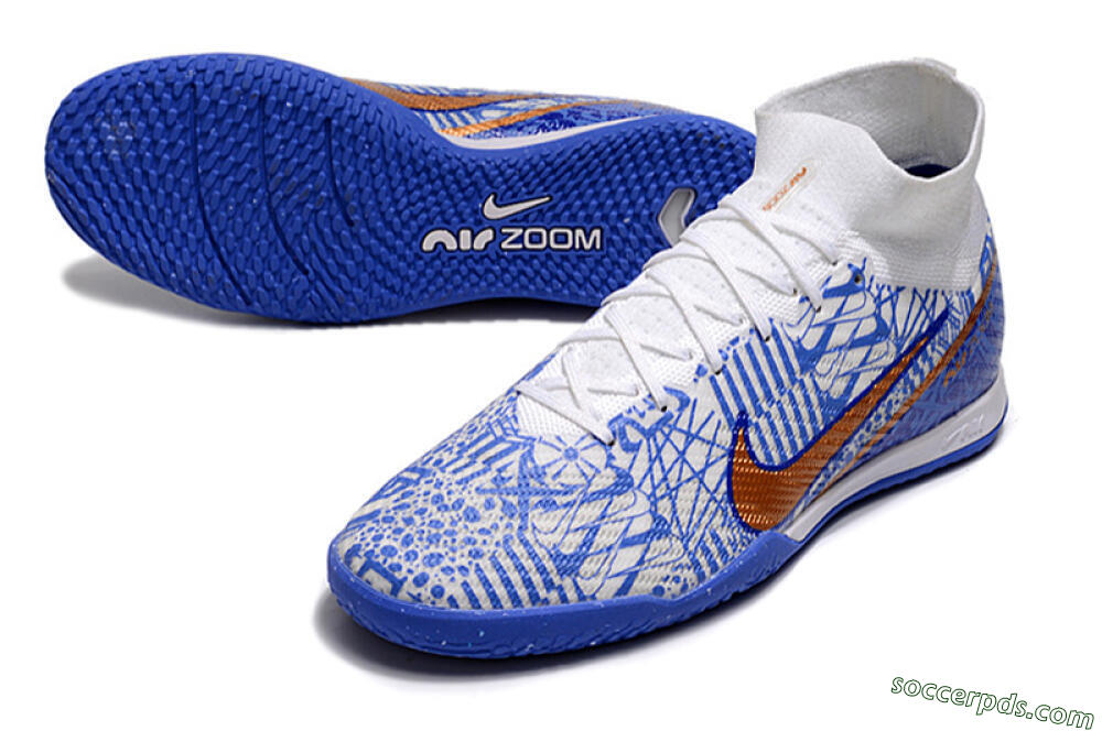 Nike Air Zoom Mercurial Superfly 9 Elite IC High-Tops Football Shoes - White/Blue/Gold 3