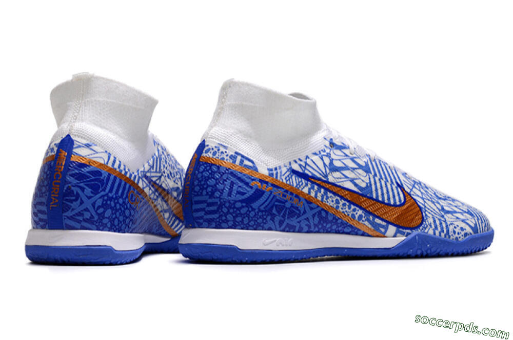 Nike Air Zoom Mercurial Superfly 9 Elite IC High-Tops Football Shoes - White/Blue/Gold 6