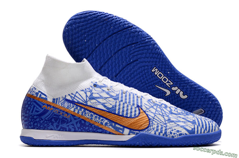 Nike Air Zoom Mercurial Superfly 9 Elite IC High-Tops Football Shoes - White/Blue/Gold 1