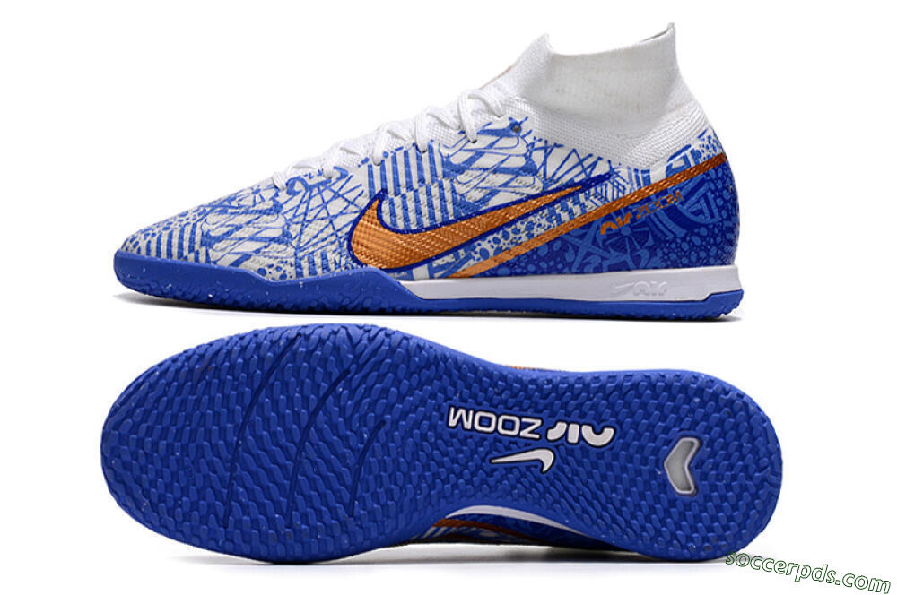 Nike Air Zoom Mercurial Superfly 9 Elite IC High-Tops Football Shoes - White/Blue/Gold 0