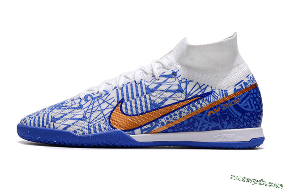 Nike Air Zoom Mercurial Superfly 9 Elite IC High-Tops Football Shoes - White/Blue/Gold 2
