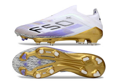 Adidas F50+ Elite Lightstrike Pro Laceless FG Low-Tops Football Boots - White/Purple/Gold