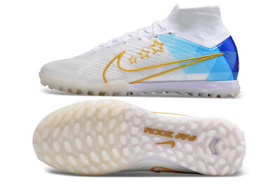 Nike Air Zoom Mercurial Superfly 9 Elite TF High-Tops Football Shoes - White/Gold/Blue
